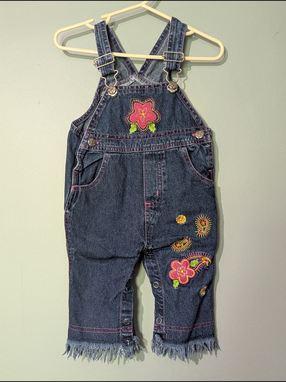 Vintage 90s Baby Dark Blue Denim Overalls Pink Flower Embroidery Frayed Hem